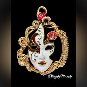 Swirls for girls Mardi Gras Gold and Red Mask Pendant